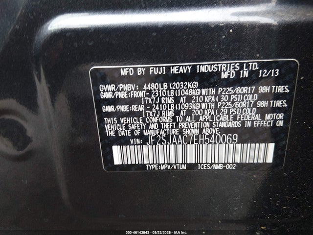 Продаж на аукціоні авто 2014 Subaru Forester 2.5i, vin: JF2SJAAC7EH540069, номер лоту: 46143643