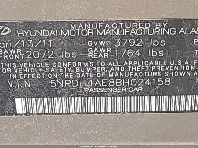 2011 Hyundai Elantra Gls მანქანა იყიდება აუქციონზე, vin: 5NPDH4AE8BH024158, აუქციონის ნომერი: 46143653