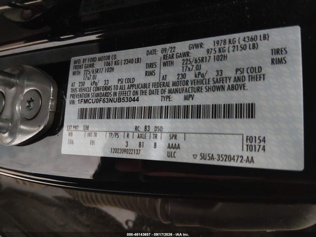 2022 Ford Escape S მანქანა იყიდება აუქციონზე, vin: 1FMCU0F63NUB53044, აუქციონის ნომერი: 46143657