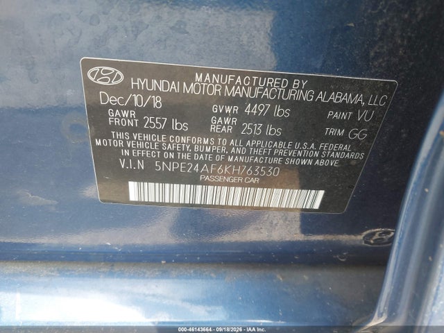 Продаж на аукціоні авто 2019 Hyundai Sonata Se, vin: 5NPE24AF6KH763530, номер лоту: 46143664