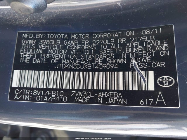 Aukcja sprzedaży 2011 Toyota Prius Three, vin: JTDKN3DUXB1409094, numer aukcji: 46143677