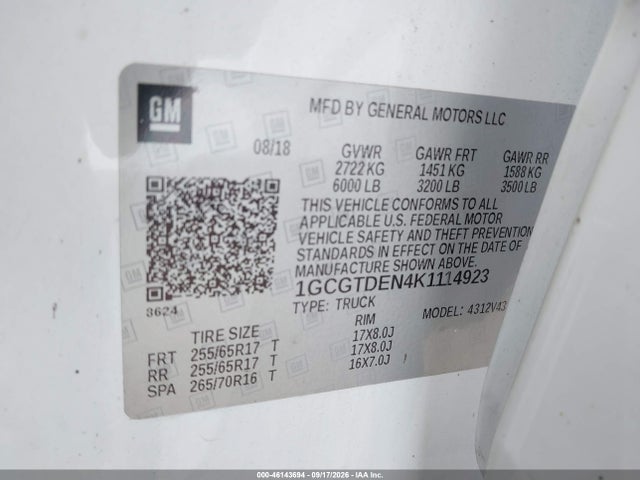 Aukcja sprzedaży 2019 Chevrolet Colorado Z71, vin: 1GCGTDEN4K1114923, numer aukcji: 46143694