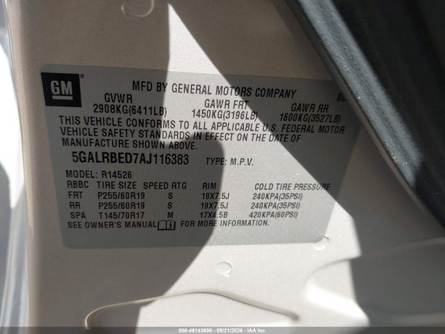 2010 Buick Enclave 1xl მანქანა იყიდება აუქციონზე, vin: 5GALRBED7AJ116383, აუქციონის ნომერი: 46143696