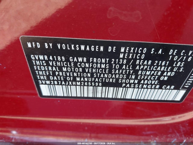2017 Volkswagen Jetta 1.4t S მანქანა იყიდება აუქციონზე, vin: 3VW2B7AJXHM265596, აუქციონის ნომერი: 46143700