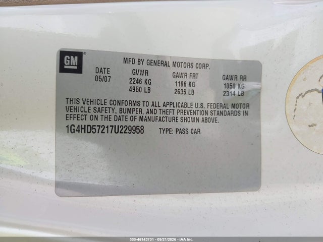 Продажа на аукционе авто 2007 Buick Lucerne Cxl, vin: 1G4HD57217U229958, номер лота: 46143701