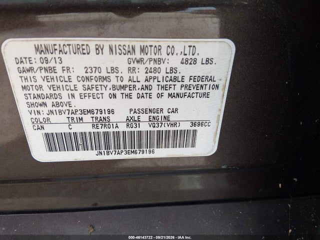 2014 Infiniti Q50 Premium მანქანა იყიდება აუქციონზე, vin: JN1BV7AP3EM679196, აუქციონის ნომერი: 46143722