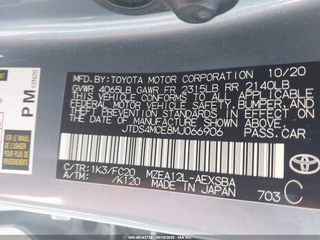 Aukcja sprzedaży 2021 Toyota Corolla Se, vin: JTDS4MCE8MJ066906, numer aukcji: 46143726