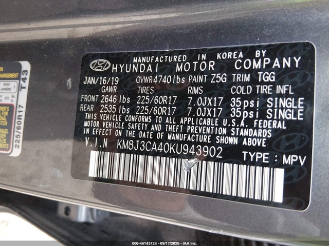 46143728 :رقم المزاد ، KM8J3CA40KU943902 vin ، 2019 Hyundai Tucson Value مزاد بيع