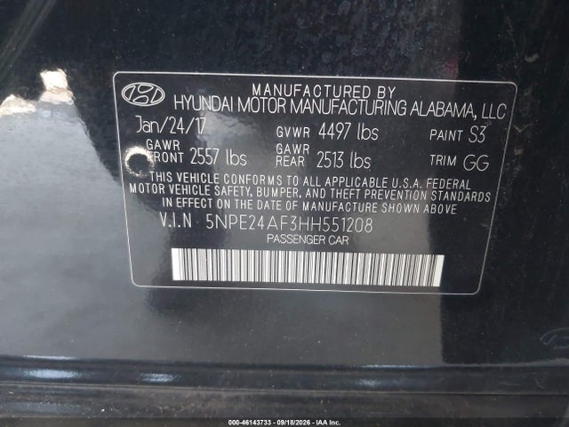 Aukcja sprzedaży 2017 Hyundai Sonata Se, vin: 5NPE24AF3HH551208, numer aukcji: 46143733