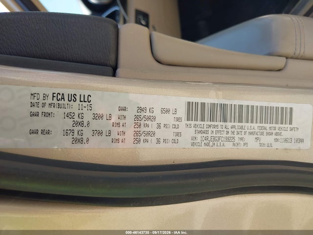 Продаж на аукціоні авто 2015 Jeep Grand Cherokee Limited, vin: 1C4RJEBG3FC199225, номер лоту: 46143735