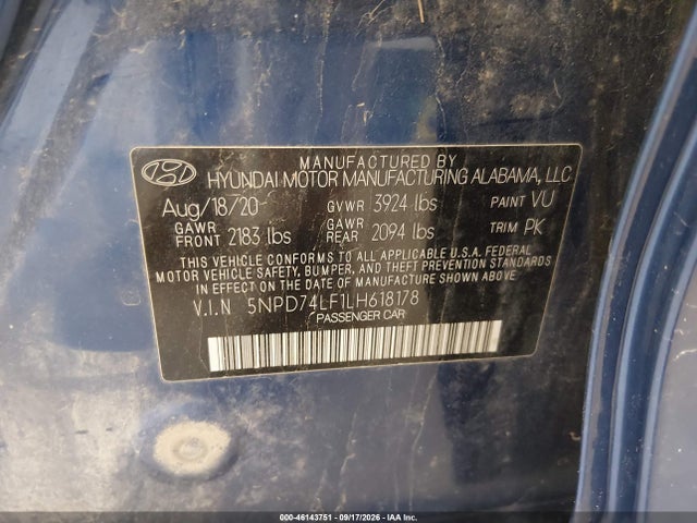 46143751 :رقم المزاد ، 5NPD74LF1LH618178 vin ، 2020 Hyundai Elantra Se مزاد بيع