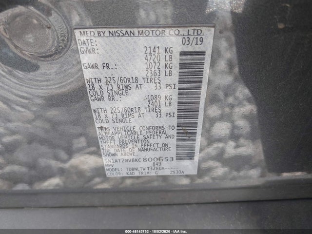 46143752 :رقم المزاد ، 5N1AT2MV8KC800653 vin ، 2019 Nissan Rogue Sv مزاد بيع