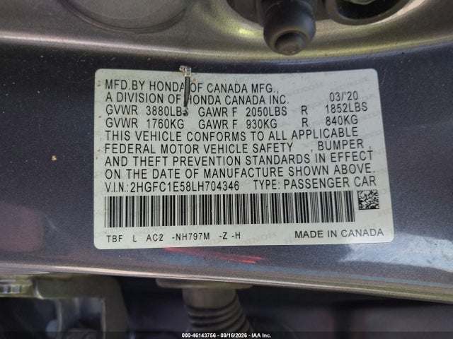 Продаж на аукціоні авто 2020 Honda Civic Si Sedan, vin: 2HGFC1E58LH704346, номер лоту: 46143756