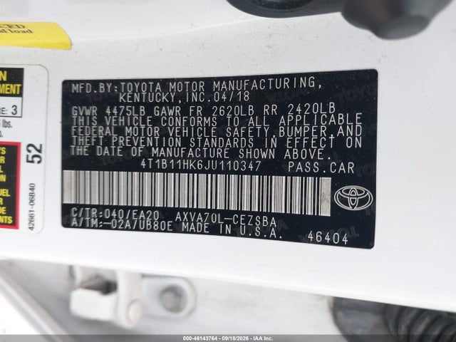 Продажа на аукционе авто 2018 Toyota Camry Se, vin: 4T1B11HK6JU110347, номер лота: 46143764
