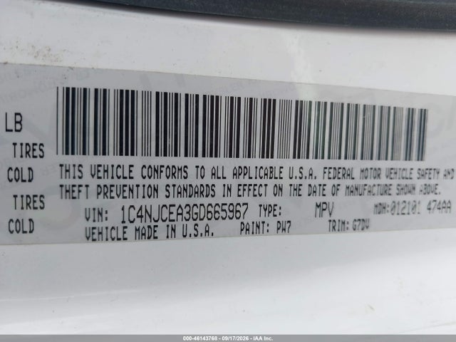46143768 :رقم المزاد ، 1C4NJCEA3GD665967 vin ، 2016 Jeep Compass Latitude مزاد بيع