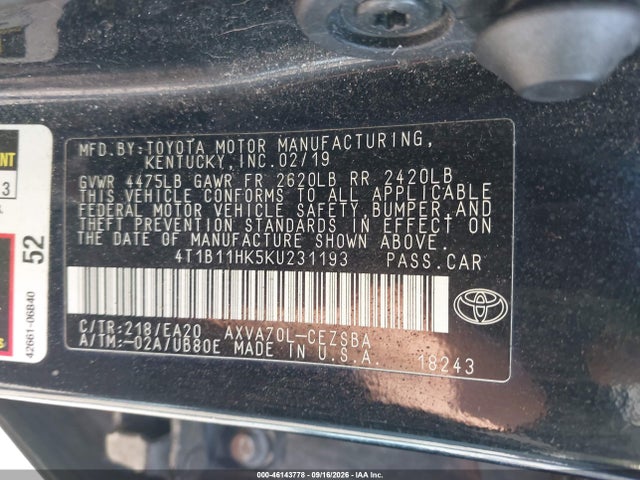 46143778 :رقم المزاد ، 4T1B11HK5KU231193 vin ، 2019 Toyota Camry Se مزاد بيع