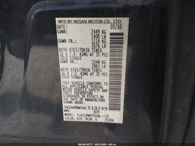 Aukcja sprzedaży 2010 Nissan Xterra S, vin: 5N1AN0NW3AC519249, numer aukcji: 46143777