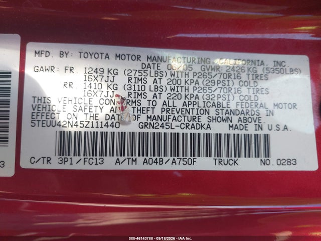 Продажа на аукционе авто 2005 Toyota Tacoma Base V6, vin: 5TEUU42N45Z111440, номер лота: 46143788