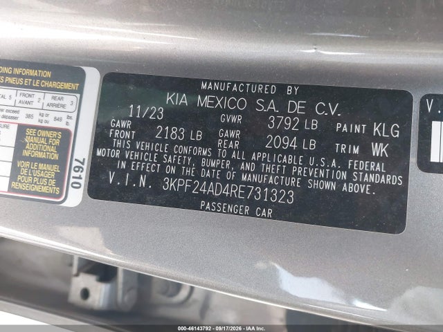 2024 Kia Forte Lxs მანქანა იყიდება აუქციონზე, vin: 3KPF24AD4RE731323, აუქციონის ნომერი: 46143792