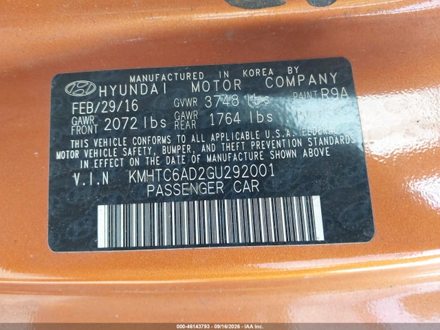 Продажа на аукционе авто 2016 Hyundai Veloster, vin: KMHTC6AD2GU292001, номер лота: 46143793