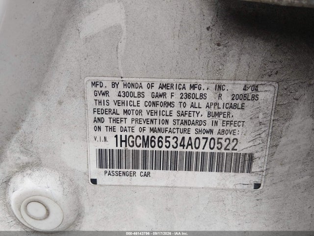 Продаж на аукціоні авто 2004 Honda Accord 3.0 Ex, vin: 1HGCM66534A070522, номер лоту: 46143796