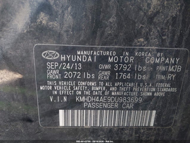 46143798 :رقم المزاد ، KMHDH4AE9DU983699 vin ، 2013 Hyundai Elantra Limited (ulsan Plant) مزاد بيع