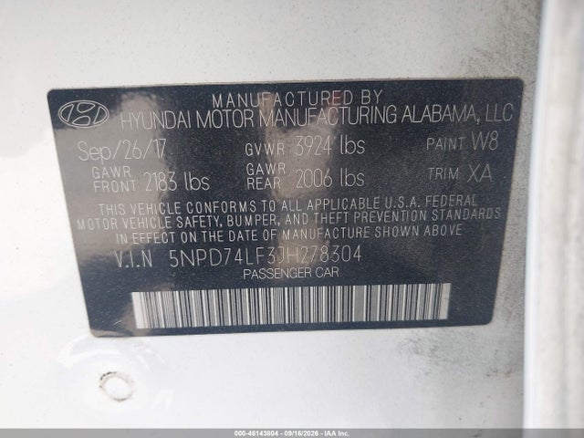 46143804 :رقم المزاد ، 5NPD74LF3JH278304 vin ، 2018 Hyundai Elantra Se مزاد بيع