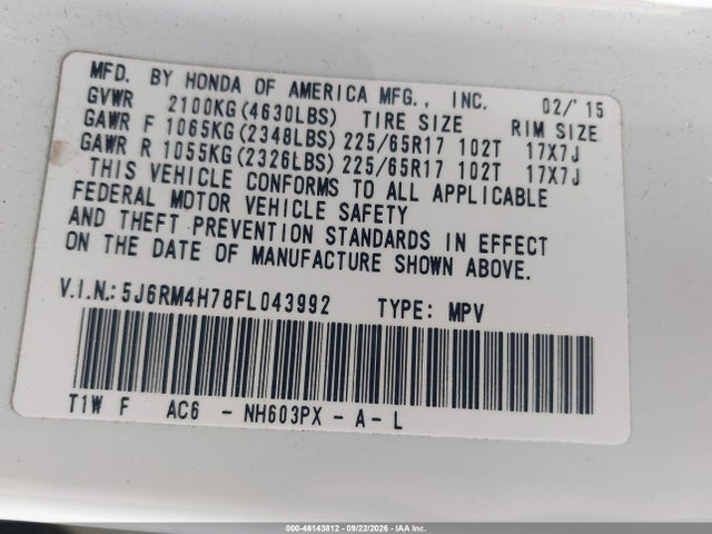 Продажа на аукционе авто 2015 Honda Cr-v Ex-l, vin: 5J6RM4H78FL043992, номер лота: 46143812