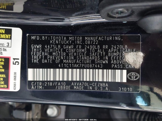 Aukcja sprzedaży 2023 Toyota Camry Le, vin: 4T1C11AK7PU087443, numer aukcji: 46143813