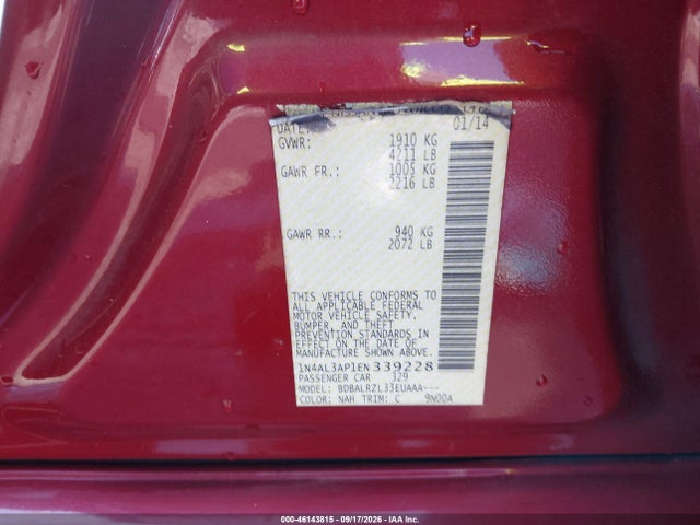 2014 Nissan Altima 2.5 S მანქანა იყიდება აუქციონზე, vin: 1N4AL3AP1EN339228, აუქციონის ნომერი: 46143815