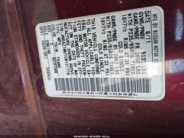 Auction sale of the 2012 Nissan Murano Sv, vin: JN8AZ1MU1CW101776, lot number: 46143834