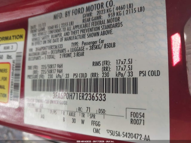 Продаж на аукціоні авто 2014 Ford Fusion Se, vin: 3FA6P0H71ER236533, номер лоту: 46143835