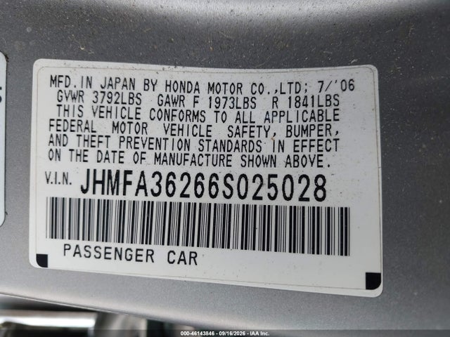 Aukcja sprzedaży 2006 Honda Civic Hybrid, vin: JHMFA36266S025028, numer aukcji: 46143846