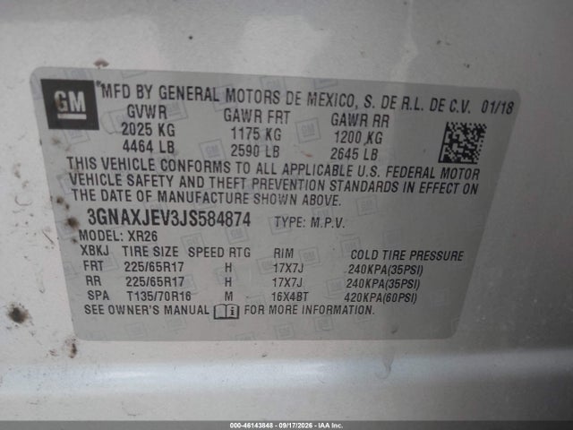 Продаж на аукціоні авто 2018 Chevrolet Equinox Lt, vin: 3GNAXJEV3JS584874, номер лоту: 46143848
