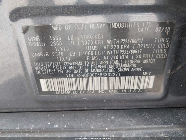 Продажа на аукционе авто 2011 Subaru Outback 2.5i Premium, vin: 4S4BRBCC5B3332271, номер лота: 46143851