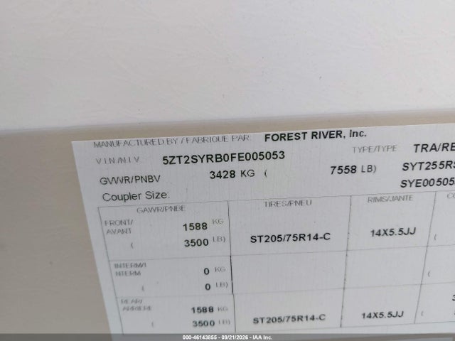 Продаж на аукціоні авто 2015 Shasta 255rs, vin: 5ZT2SYRB0FE005053, номер лоту: 46143855