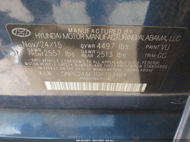 Aukcja sprzedaży 2016 Hyundai Sonata Se, vin: 5NPE24AF3GH353484, numer aukcji: 46143875