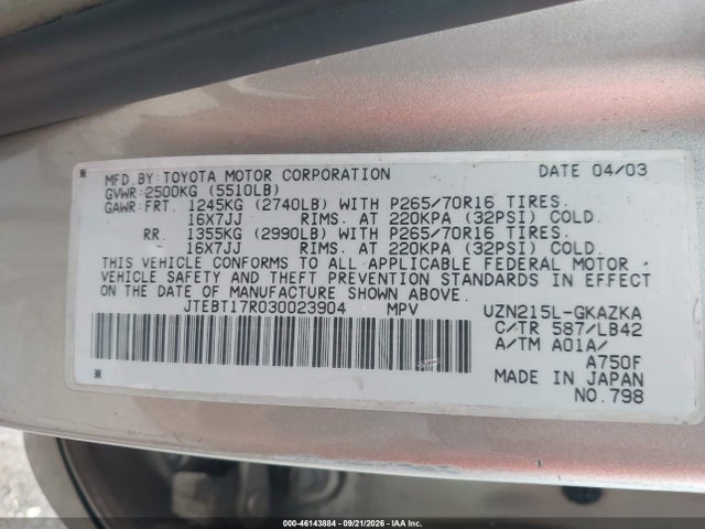 46143884 :رقم المزاد ، JTEBT17R030023904 vin ، 2003 Toyota 4runner Limited V8 مزاد بيع