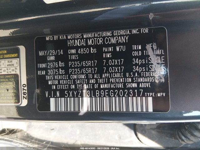 2014 Hyundai Santa Fe Sport 2.4l მანქანა იყიდება აუქციონზე, vin: 5XYZT3LB9EG202317, აუქციონის ნომერი: 46143893