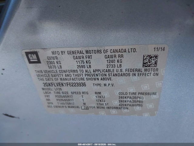 2015 Gmc Terrain Sle-1 მანქანა იყიდება აუქციონზე, vin: 2GKFLVEK1F6223936, აუქციონის ნომერი: 46143917