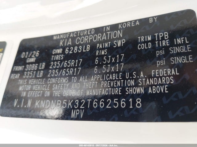 Продажа на аукционе авто 2026 Kia Carnival Mpv Lx, vin: KNDNB5K32T6625618, номер лота: 46143918