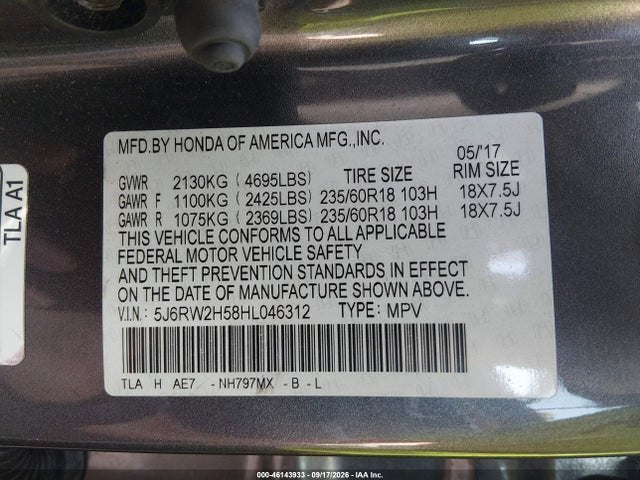 2017 Honda Cr-v Ex მანქანა იყიდება აუქციონზე, vin: 5J6RW2H58HL046312, აუქციონის ნომერი: 46143933