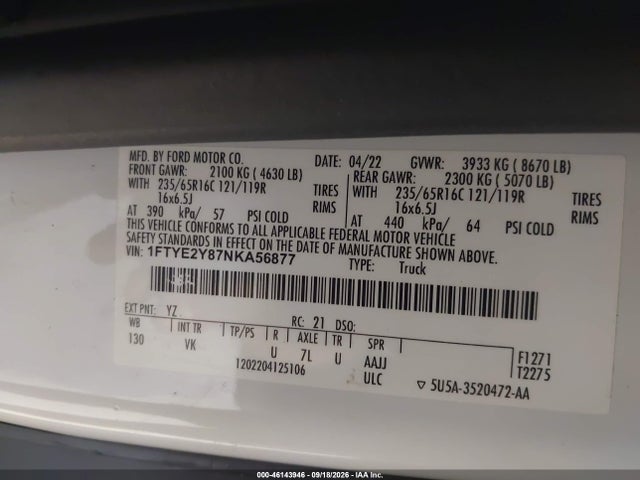 Продажа на аукционе авто 2022 Ford Transit-150, vin: 1FTYE2Y87NKA56877, номер лота: 46143946