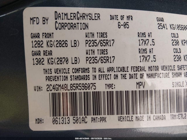 2005 Chrysler Pacifica მანქანა იყიდება აუქციონზე, vin: 2C4GM48L85R596075, აუქციონის ნომერი: 46143948