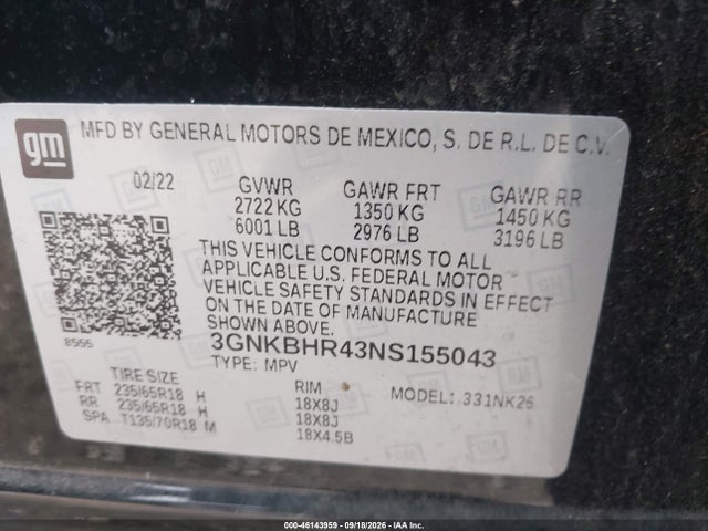 2022 Chevrolet Blazer Awd 2lt მანქანა იყიდება აუქციონზე, vin: 3GNKBHR43NS155043, აუქციონის ნომერი: 46143959