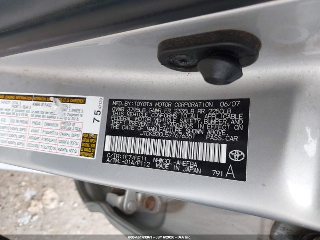 Aukcja sprzedaży 2007 Toyota Prius, vin: JTDKB20U577676351, numer aukcji: 46143961