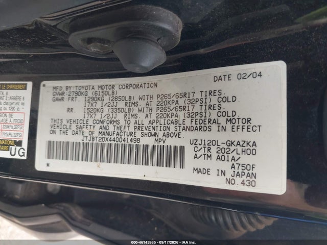 46143965 :رقم المزاد ، JTJBT20X440041498 vin ، 2004 Lexus Gx 470 مزاد بيع