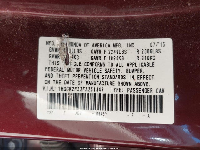 Aukcja sprzedaży 2015 Honda Accord Lx, vin: 1HGCR2F32FA251347, numer aukcji: 46143969