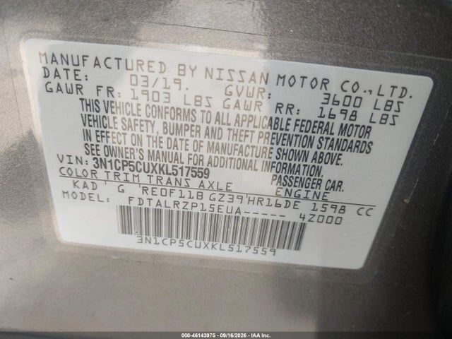 46143975 :رقم المزاد ، 3N1CP5CUXKL517559 vin ، 2019 Nissan Kicks S مزاد بيع