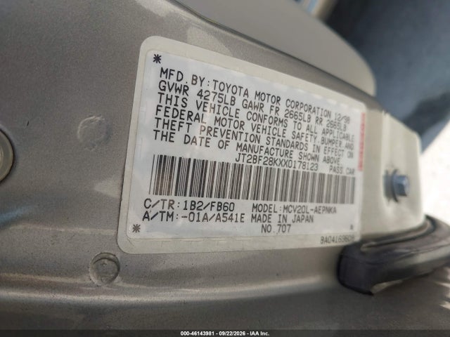 46143981 :رقم المزاد ، JT2BF28KXX0178123 vin ، 1999 Toyota Camry Le V6 مزاد بيع